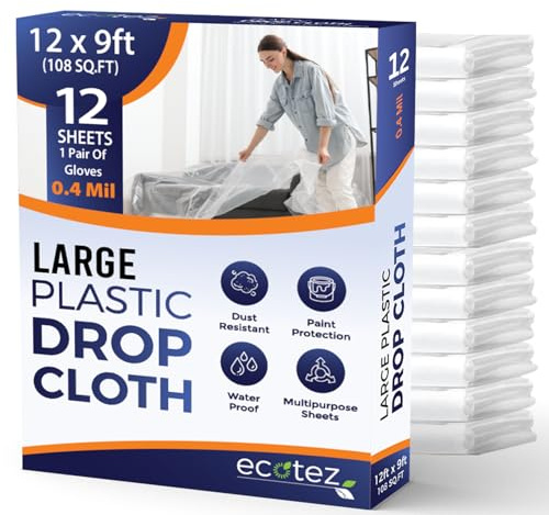 Ecotez 12 Pack 12 x 9 ft Extra Large Plastic Drop Cloth for Painting - Light & Durable Tarp Cover for Furniture - Plastic Clear Tarp Waterproof - Paint Floor Covering - Painters Drop Cloth Sheeting