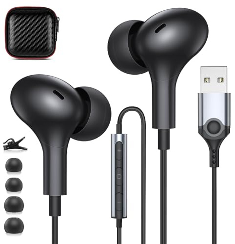 ACANDYA Computer Headset with Microphone USB Headphones for PC USB A Laptop Headset 7.5FT Cord in-Ear Magnetic Earbuds for Laptop Desktop Notebook Earphone for Office Live Broadcast Gaming