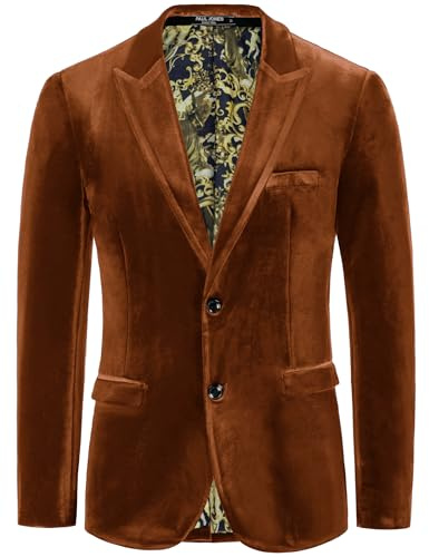 PJ PAUL JONES Mens Velvet Blazer Jacket Two Button Sport Coat Solid Suit Jackets for Dinner Prom Wedding, Brown, XXL