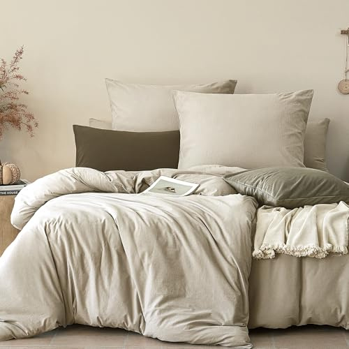 JELLYMONI Biancheria da letto 135x200 in cotone Set di biancheria da letto Beige Oeko-Tex 100% cotone lavato Copripiumino con chiusura lampo e federa 80x80 con risvolto Morbida Biancheria da letto 2