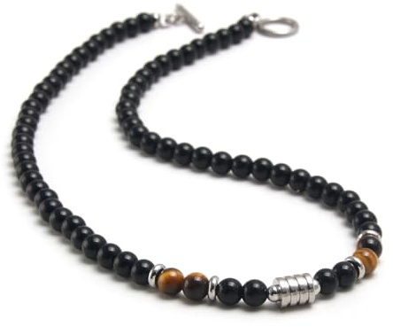 Collier Homme Femme, obsidienn Collier 6 mm Oeil de Tigre + Obsidienne