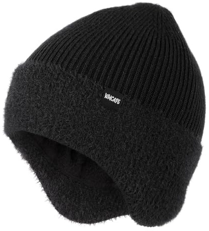 Wmcaps - Bonnet d'hiver pour hommes avec cache-oreilles, unisexe, épais bonnet en tricot chaud avec cache-oreilles, doublé de polaire, bonnets en laine pour activités de plein air, Noir , taille