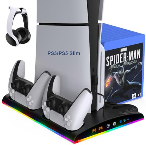 LYtech PS5/PS5 Slim Ständer mit 3 Stufigem Lüfter und RGB-Licht, 3 USB-Ports/Controller-Ladestation/Headset-Halter/Remote-Steckplatz/13 Spiele-Aufbewahrung