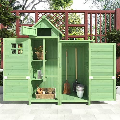 Abri de Jardin en Bois, Cabane de Jardin avec Toit en PVC incliné à loquet, Coffre de Jardin avec Fondation et 2 étagères de Rangement, Armoire Outils de Jardinage, 118x54x173cm Vert
