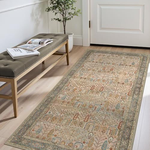 GENIMO Tapis Salon Lavable en Machine, Tapis Vintage Style Bohème à Poils Courts, Antidérapant, Rouge, 80X150CM
