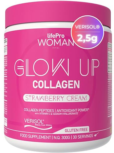 Collagene Idrolizzato in Polvere Glow Up - Peptidi di Collagene con Vitamina C, Selenio e Acido Ialuronico - Gusto Fragola - Senza Zucchero – Bellezza da Dentro per Pelle e Capelli - 300g (30 Dosi)