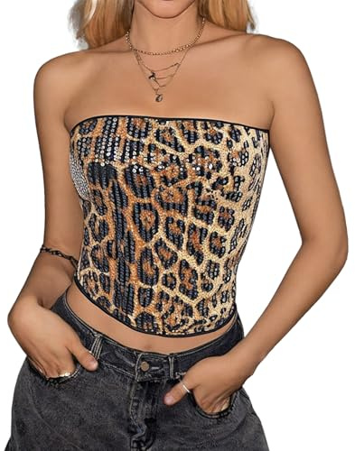 JIAHG Bustier Tube Femme à Paillettes Imprimé Léopard Haut Court Moulant sans Bretelles Débardeur d'été Élastique Crop Top Sexy à Sequins Streetwear pour Club Festival Voyage