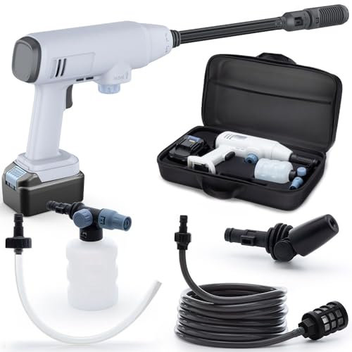 Gtremulent Limpiador de Alta presión inalámbrico portátil de 435PSI: Pistola sobre batería 21 V 4,0 Ah con Manguera de 5 m - Kit de Lavado de Coches/balcón/terraza/Facade hogar y Limpieza Aire
