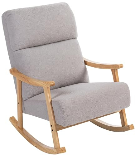 HOMCOM Silla Mecedora de Borreguito Moderna, Mecedora con Patas y Reposabrazos de Madera de Caucho, Respaldo Alto, Carga 120 kg, para Dormitorio, Salón, Gris Claro