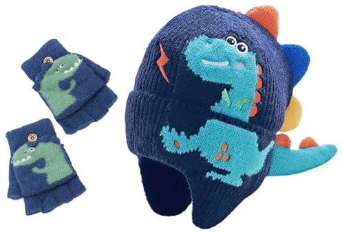 UJBVCX 2 in 1 Cappello Bambino Guanti, Dinosauro Caldo Berretto Cappello Neonato Invernale, Cuffia Neonato per 3 a 5 Anni