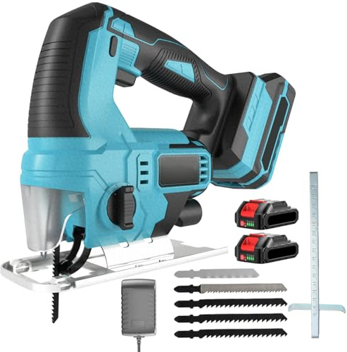 Scie sauteuse sans fil, scie sauteuse électrique avec 2 batteries 2,0 Ah, longueur de course 24 mm, coupes d'onglet ± 45° et LED, pour bois, métal, plastique, compatible avec batterie Makita 18 V