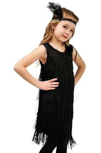 Vestido Baile de Lentejuelas Niñas Vestidos con Flecos para Niña Vestido de Tango con Borla Vestidos Salón de Baile Latin con Diadema de Plumas para Espectáculo de Escenario (Black, 10-12 Years)