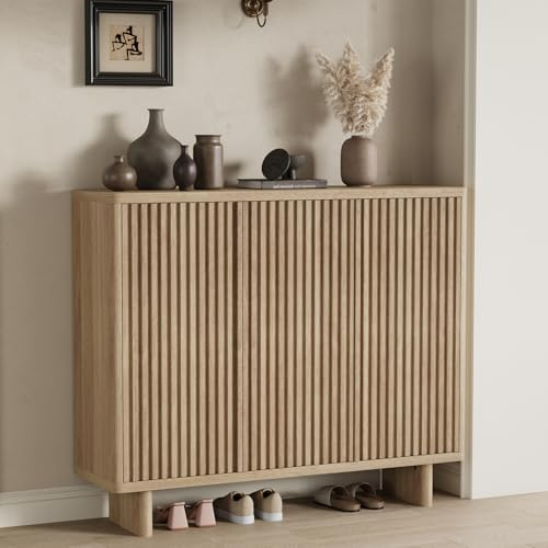 Garvee 46 Inch Shoe Cabinet with Fluted Door, 5-Tier Storage with 4 Adjustable Shelves, Rustic Entryway Shoe Bench for Hallway, Wood