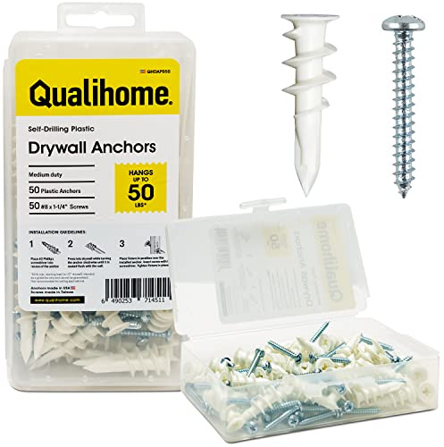 Qualihome Heavy Duty Plastic Self Drilling Drywall Anchors and Screws Kit | Includes 50 Drywall Anchors, 50#8 1-1/4 Inch Screws & Reusable Storage Case