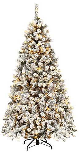 COSTWAY Árbol de Navidad Nevado con 250 Luces LED Incorporadas - Arvore de Natal con Luz Cálida, 600 Agujas PVC y Soporte de Metal (180 cm)