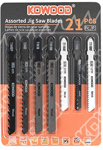 KOWOOD Jigsaw Blades Set with Case 21 Piece T-Shank Assorted Professional Saw Blades for Wood Plastic Metal Cutting