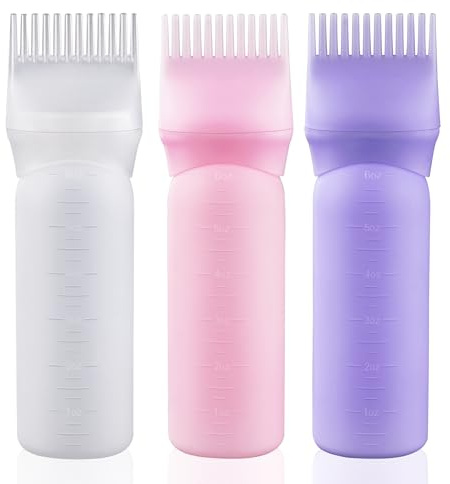 Cosywell Root Comb Applicator Bottle 6 Ounce Hair Dye Applicator Brush 3 Pack for Hair Root Comb Color with Graduated Scale(Pink White Purple)