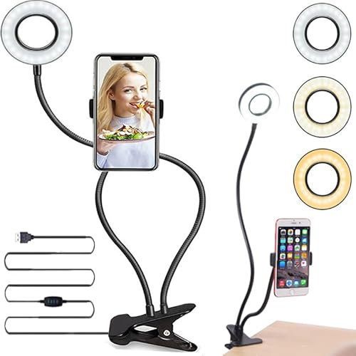 Retoo Anillo de luz LED de 4 Pulgadas para Selfie con trípode y Soporte para teléfono móvil, Anillo de luz para cámara de teléfono móvil con 3 Modos y 10 Brillos, Anillo de luz de Mesa Regulable