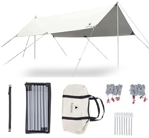 Teenza Tarp 3 x 4m Wasserdicht, 210D Oxford Ultraleicht Zeltplane Mit Stützstangen, Ösen, Aluminiumstiften, Nylonseil, UV und Regenbeständig, Geeignet für Zelte, Hängematten, Höfe, Strandsonnenschutz