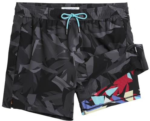 maamgic 2 in 1 Pantaloncini da Bagno da Uomo Asciugatura Veloce Costume da Bagno per Surf sulla Spiaggia Multi-funzioni Allenamento con Fodera di Compressione,Nero Grigio Mimetico Multicolore,XS