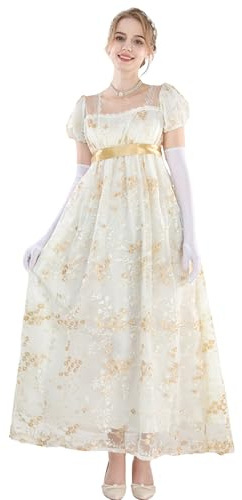 FCCAM Abito lungo vintage da donna in stile Regency Jane Austen, abito da ballo vittoriano con guanti, abito con vita impero, L