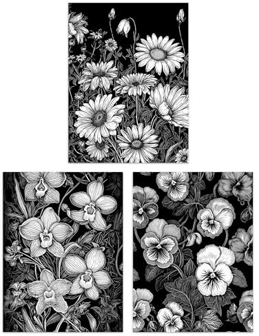 Artery8 Set of 3 Elegant Spring Flowers Daisies Orchids Peonies Black and White Floral Impact Artworks Unframed Wall Art Living Room Poster Prints Pack
