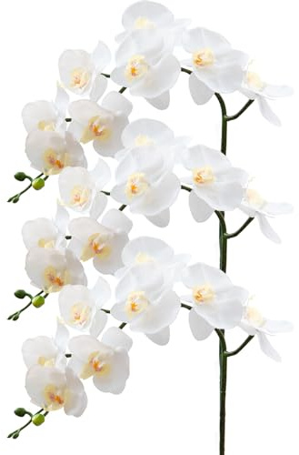 CXGS Orquídea artificial de 9 pétalos grandes, orquídeas artificiales de látex realista, 3 tallos de orquídea de 37 pulgadas, flor blanca falsa de Phalaenopsis para decoración de arreglos de boda y