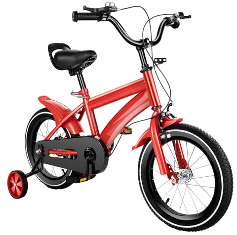 Salmeee Bicicleta infantil de 14 pulgadas 4 en 1 para niños con pedales y ruedas estabilizadoras, color rojo, altura ajustable, 95 – 135 cm, para niños y niñas de 3 a 6 años