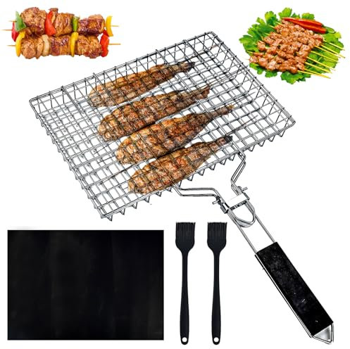 NAROSEBE Fisch Grillkorb Edelstahl Grillschale, Fisch Grillhalter, BBQ Grillkorb Fischbräter, Körbe zum Grillen, Fisch Grillen Gitter mit Griff, Bürste und Matte für Fisch, Steak, Garnelen (32x22cm)