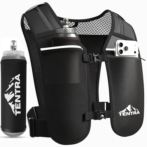 TENTRA Running Vest with 500ml Soft Flask, 8 Pocket Hydration Vest for Women Men – Lightweight Reflective Running Vest with Waterproof Phone Pouch
