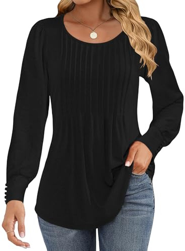 Cuptacc Evening Dresses for Women UK Pleated Crew Neck Ladies Tops Puff Sleeve Longline Tunic Tops for Women UK Causal Black S UK 10