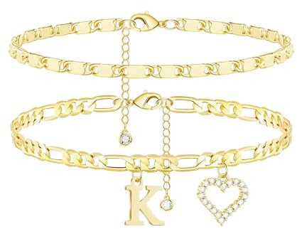 Wremily Initial Ankle Bracelets for Women Waterproof 14K Gold Plated Dainty Layered Figaro Chain Letter Initial CZ Heart Ankle Bracelets Set Summer Beach Jewelry for Women