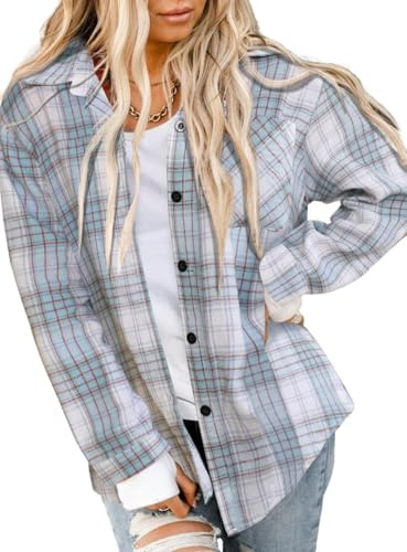 Asiertiy Camicia da Donna in Flanella a Quadri di Bufalo, a Maniche Lunghe, Colletto con Bottoni, Top Leggero (S-2XL), Plaid Azzurro Cielo, M
