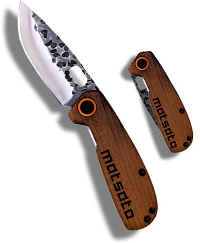 Matsato Couteau de Poche Pliant. Couteau pour Randonées, Camping. Cier Inoxydable, Poignée en Bois, Blocage de Sécurité, pour Homme, Papa