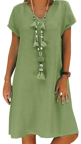 Kvruhuiy Women's V Neck Short Sleeve Shirt Dress Linen Cotton Elegant Summer Casual Solid Color Beach Short Dress Green L