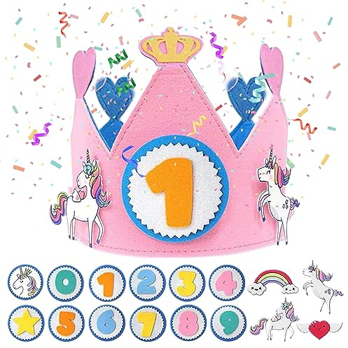 Corona de cumpleaños para niña, corona de cumpleaños de unicornio de fieltro para niña, números del 0 al 9 intercambiables, regalo de decoración de cumpleaños para niña de 1 a 9 años