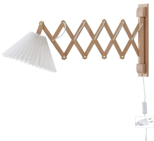 EOEO E27 Holz Wandleuchte mit Schalter und Stecker Flexible Leselampe Wand mit Kabel Scherenlampe Ausziehbare Wandlampe Verstellbar arm Ziehharmonikalampe Nachttischlampe Weiß Stoff Schirm,Wood color