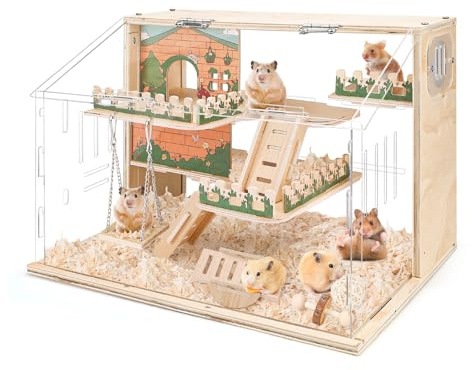 Wooden Hamster Cage Large, 16-Inch 3-Layer Acrylic Hamster Cage, Small Animal Cages With Platform and Playpen for Direct Observation, Pet Supplies