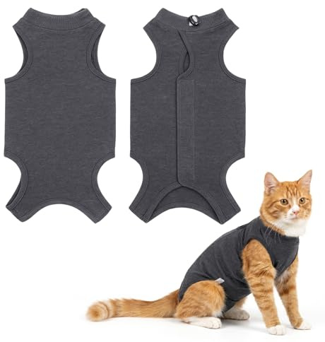 Body per Gatto Post Operatorio Sterilizzazione, Tessuto in Cotone Morbido e Traspirante, Adatto per 3-5kg, Recupero Gatto Adatto per Ferite Addominali Malattie (Grigio, M (M))