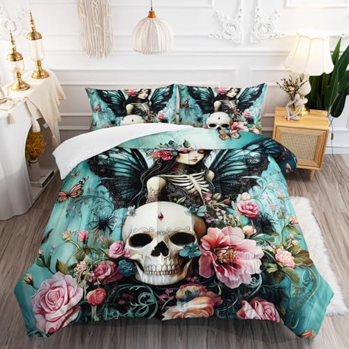 AILONEN Gothic Skull with Flower Full Size Comforter Set,Skeleton Fairy Bedding Sets,Boho Butterfly Style Duvet Set,3-Pieces,1 Quilt and 2 Pillowcases,Soft Microfibre