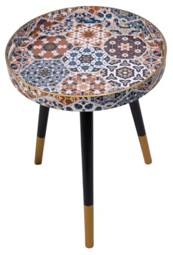 Heaven4you Round Side Table 38cm Boho Mosaic Black Gold Legs Small Spaces | 38cm wide, 50cm tall, 1.8kg. Black legs with gold tips. Raised rim, carry handles. Wipe-clean top. Bedside, sofa, balcony