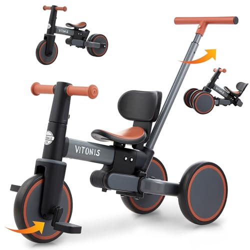 Bicicletta senza pedali da 1 anno, triciclo 5 in 1 con barra di spinta per bambini, bicicletta senza pedali per bambini piccoli, regalo per bambini e bambine