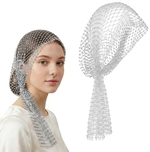 GAZIL Fisknätshårband med Rhinestones, Glittrande Meshmössa med Paljetter, Slöja och Turban för Rave och Nattklubb, Silver