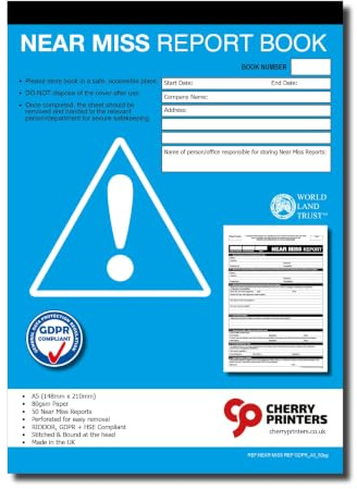 Cherry Printers Near Miss Report Book A5 | 50 Reports | GDPR RIDDOR & HSE Compliant| Perforated Sheets for Easy Filing| 80gsm Paper| Workplace Safety Incident Log| Hazard & Safety Reporting | Easy-tear pages with durable binding for reliable record keeping