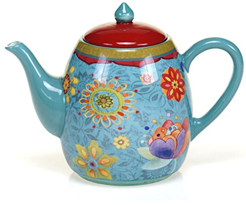 Tunisian Sunset Ceramic Teapot – 40 oz. Blue Floral Boho Teapot with Lid, Bright Multicolor Folk-Inspired Design for Tea Lovers, Entertaining & Eclectic Kitchen or Gift Giving