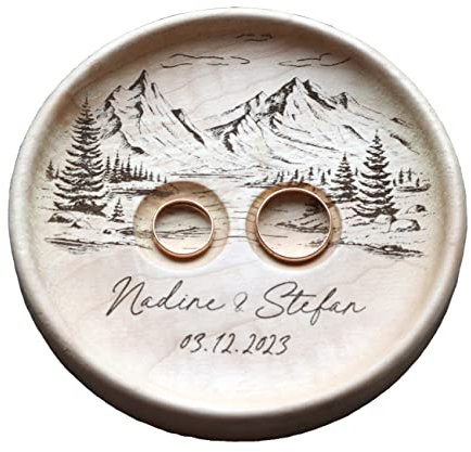 Ringkissen Hochzeit Holz mit gravierten Namen und Datum, Personalisierte hochzeitsgeschenk, Ringschale für die Hochzeit, Bergblick