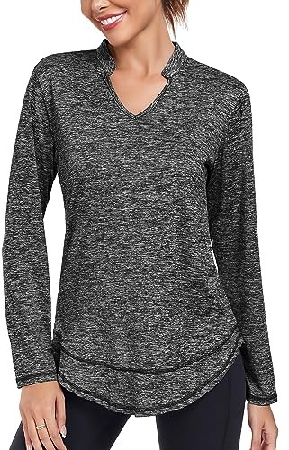 Absttith Sports Casual Tops Women Workout Shirts Mountaineering Hiking Stand Up Collar Loose Long Sleeve Side Split Black Medium