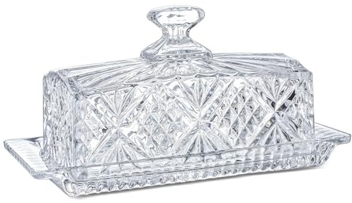 Crystal Covered Butter Dish,8inch Classic Glass 2-Piece Design Butter Keeper with Lid | Butter Holder | Dishwasher Safe