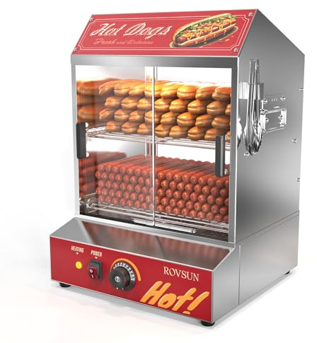 ROVSUN 42.3QT/40L Hot Dog Steamer, 2-Tier Hot Dog Hut Steamer with 235 Hot Dogs & 50 Buns Capacity, Electric Bun Warmer with Removable Shelves Food Clip for Party Event Concession Stand