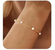 Nayyana Bracciale con perle in oro 18 carati, placcato in oro vero 18 carati, bracciale in oro, regolabile, per damigella d'onore, matrimonio, ballo di fine anno, ragazza
